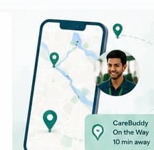 Illustration of a map on a phone screen with a CareBuddy's photo, showing CareBuddy on the way, 10 minutes away
