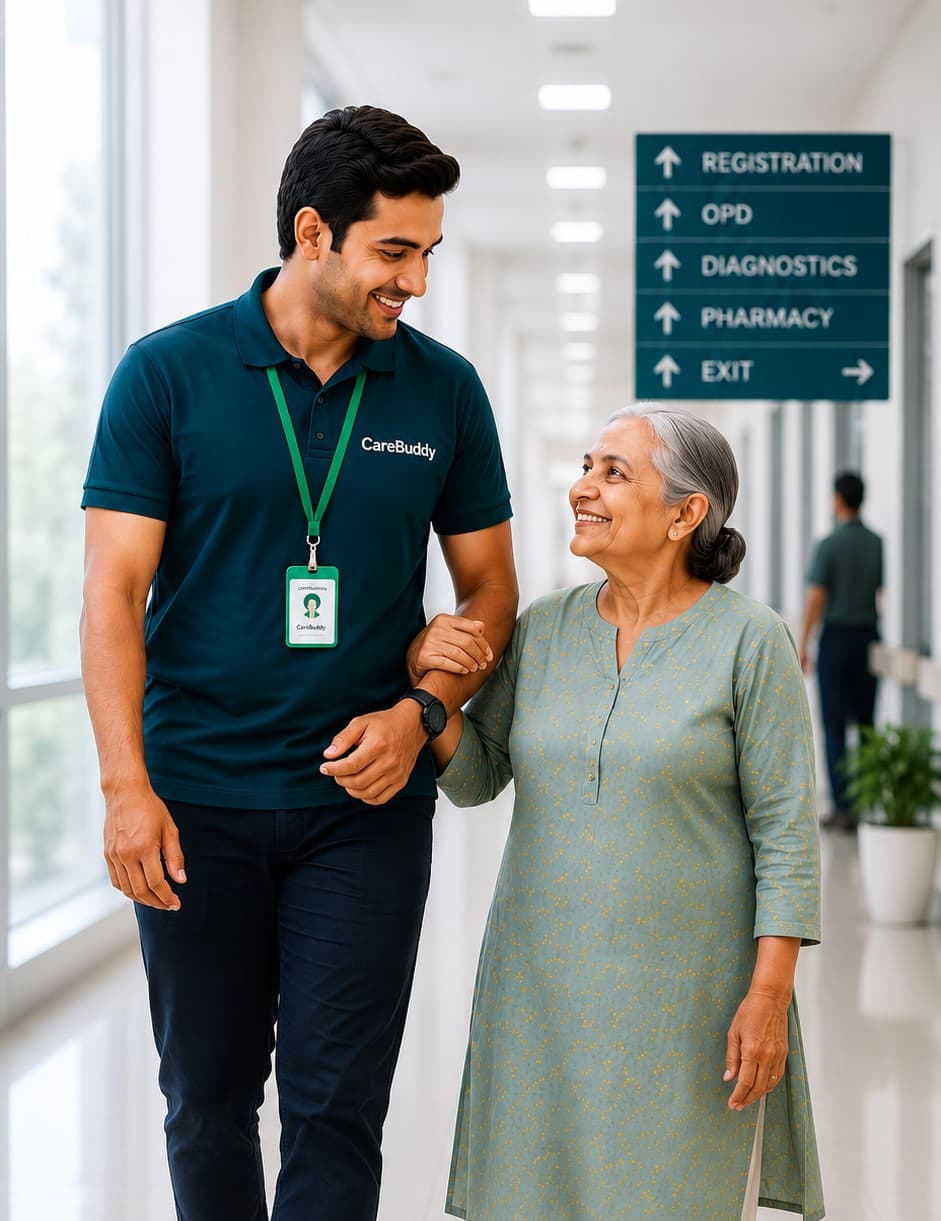 A CareBuddy in a teal polo shirt with an ID badge assisting an elderly woman through a hospital corridor